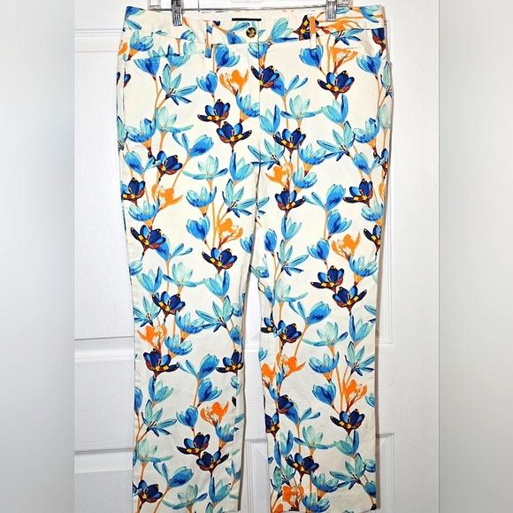 Lands' End Women Floral Cropped Pants 12 White Blue Orange Straight Leg Colorful - Picture 1 of 8